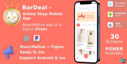 BarDeal ANDROID + IOS + FIGMA (Free) UI Kit ReactNative Online Shopping Mobile App