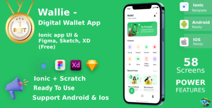 Digital Wallet App ANDROID + IOS + FIGMA + XD + Sketch + Invision Studio UI Kit Ionic Wallie