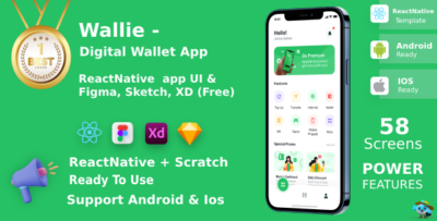 Digital Wallet App ANDROID + IOS + FIGMA + XD + Sketch + Invision Studio UI ReactNative Wallie