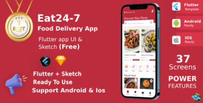 Eat 247 ANDROID + IOS + FIGMA UI Kit Flutter Food Delivery App Free Sketch File