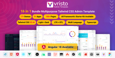 Vristo - Tailwind Admin Template HTML, Angular 18, NextJS App Router, ReactJS, VueJS, Nuxt, Laravel
