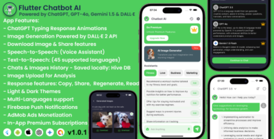 Flutter Chatbot AI - Powered by ChatGPT, GPT-4o & Gemini 1.5 Image Generator Voice Assistant