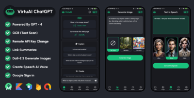 VirtuAI ChatGPT GPT-4, Dall-E-3 AI Art Image, AI Voice Text to Speech Mobile Kotlin Android App