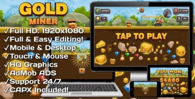 Gold Miner - HTML5 Game 20 Levels + Mobile Version! (Construct 3 Construct 2 Capx)