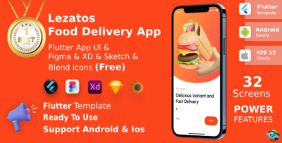 Lezatos ANDROID + IOS + FIGMA + XD + SKETCH + Blend Icons UI Kit Flutter Food Delivery