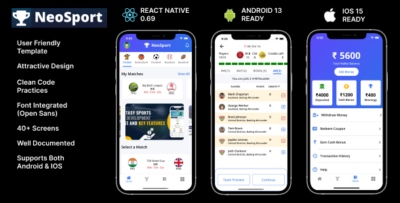 NeoSport, A Fantasy Sports App Template Designed for Android + iOS in React Native CLI.