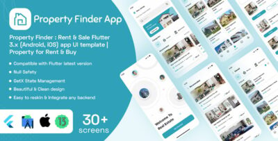 Property Finder Rent & Sale Flutter 3.x (Android, iOS) app UI template Property for Rent & Buy