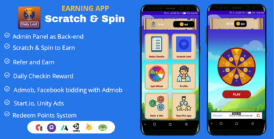 Scratch & Spin to Win Android App with Earning System (Admob, Facebook bidding, StartApp, Unity Ads)