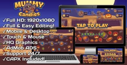 Mummy Candies - HTML5 Game 20 Levels + Mobile Version! (Construct 3 Construct 2 Capx)