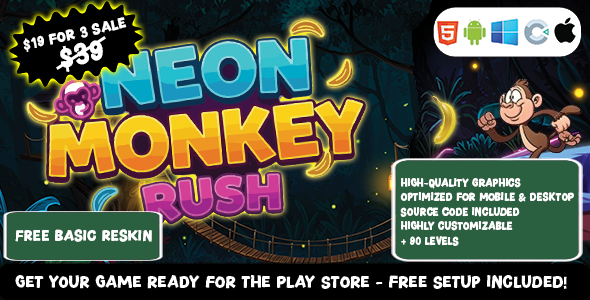 Neon Monkey Rush - Construct 3 Game (HTML5, AdMob, C3P) Neon Monkey Rush - Construct 3 Game (HTML5, AdMob, C3P)