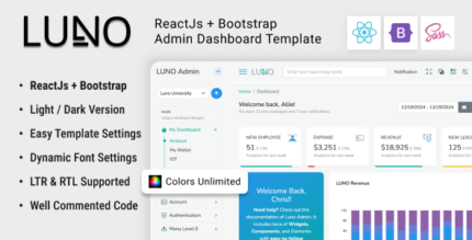 LUNO ReactJs + Bootstrap Admin Dashboard Template