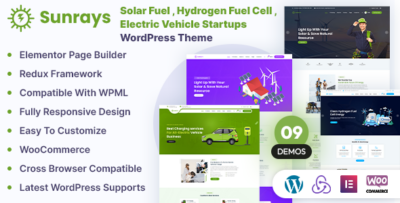 Sunrays - Solar Fuel , Hydrogen Fuel Cell , Electric Vehicle Startups WordPress Theme