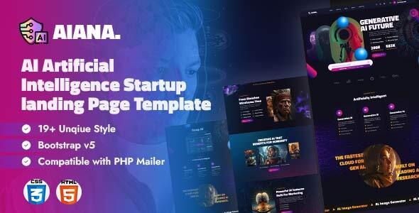 Aiana. - AI Artificial Intelligence Startup HTML Landing Page Template Aiana. - AI Artificial Intelligence Startup HTML Landing Page Template