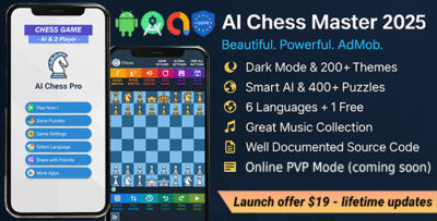 AI Chess Master 2025 - AdMob, Multilingual, 2 Player, Puzzles, 30 Music, 200 Tiles, Save/Load, Share