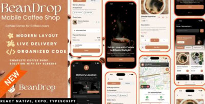 BeanDrop – Android & iOS Coffee Shop App UI Template | React Native, Expo, TypeScript, Mock API