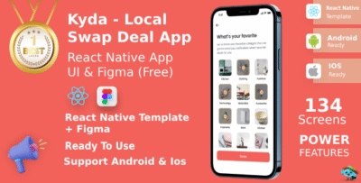 Kyda ANDROID + IOS + FIGMA | UI Kit | ReactNative | Life Time Update | Local Swap Deal App