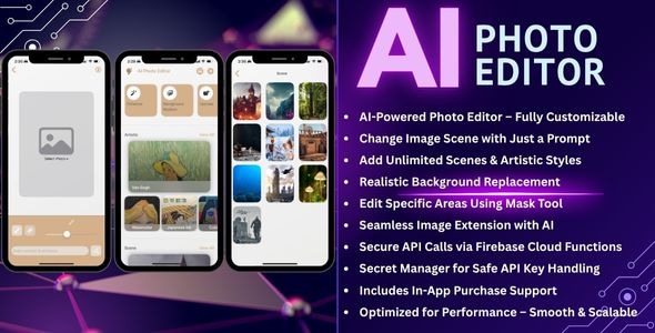 AI Photo Editor iOS App - SwiftUI with Ideogram & RunwayML, AI Enhancer, Extend, background replace AI Photo Editor iOS App - SwiftUI with Ideogram & RunwayML, AI Enhancer, Extend, background replace