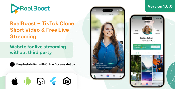 ReelBoost - TikTok Clone App | Short Video & Live Streaming App With Admin Panel (Node,js Backend) ReelBoost - TikTok Clone App | Short Video & Live Streaming App With Admin Panel (Node,js Backend)