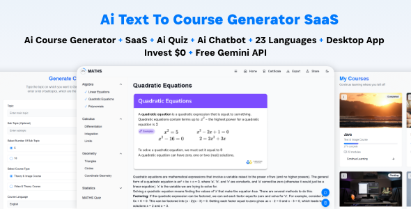 Ai Course Generator - Text To Course SaaS Ai Quiz Ai Chat Translation Earn Desktop App React Admin Ai Course Generator - Text To Course SaaS Ai Quiz Ai Chat Translation Earn Desktop App React Admin