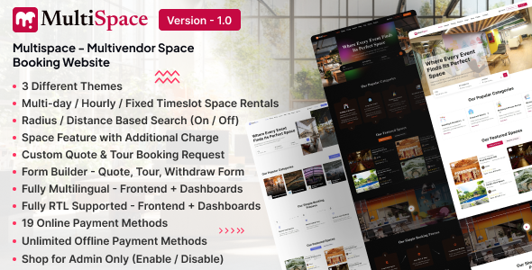 MultiSpace - Multipurpose Space Booking / Rental SaaS Platform (Multivendor) MultiSpace - Multipurpose Space Booking / Rental SaaS Platform (Multivendor)