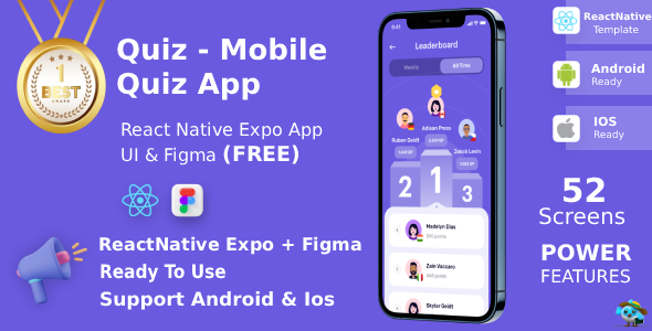 Quiz | ANDROID + IOS + FIGMA (FREE) | UI Kit | ReactNative Expo | Online Quiz Game Quiz | ANDROID + IOS + FIGMA (FREE) | UI Kit | ReactNative Expo | Online Quiz Game