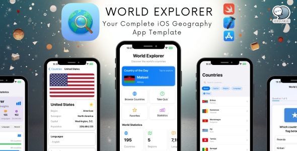 World Explorer - Complete iOS App Template | SwiftUI | In-App Purchase | Quiz Game | Geography World Explorer - Complete iOS App Template | SwiftUI | In-App Purchase | Quiz Game | Geography