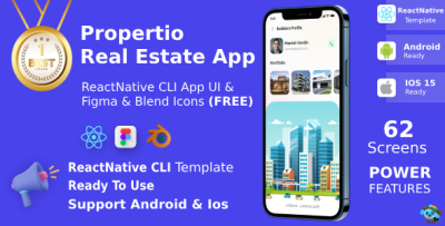 Real Estate App ANDROID + IOS + FIGMA + 3D Blend Icons | ReactNative CLI UI Kit | Propertio