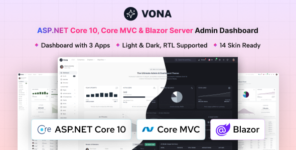 Vona - ASP.Net Core 10, Core MVC & Blazor Server Minimal Admin Dashboard Template Vona - ASP.Net Core 10, Core MVC & Blazor Server Minimal Admin Dashboard Template