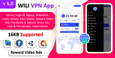 WILI VPN App - VPN App | Fast VPN Secure VPN | Reward Lucky Wheel | Refer & Earn Ads | Time Limit