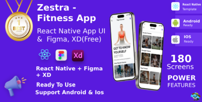 Fitness & Meditation, Yoga App ANDROID + IOS + FIGMA + XD + Sketch | UI Kit | ReactNative | Zestra