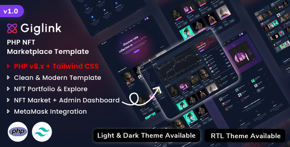 Giglink - PHP NFT Marketplace Landing + Admin Dashboard Template Giglink - PHP NFT Marketplace Landing + Admin Dashboard Template