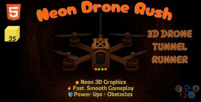 Neon Drone Rush - 3D Tunnel Endless Runner HTML5 Game (Three.js)