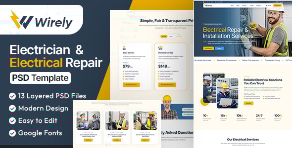 Wirely - Electrician & Electrical Repair PSD Template Wirely - Electrician & Electrical Repair PSD Template