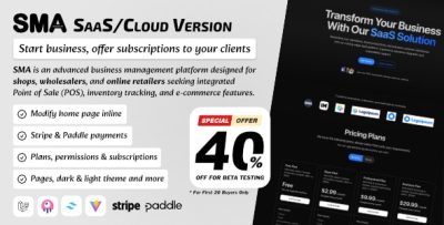SMA SaaS: landing page, plans and subscriptions for Stock Manager Advance