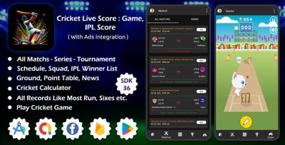Live Cricket Score : Game | IPL Score | Cricket Calculator | Squad | All Record Android App With AD