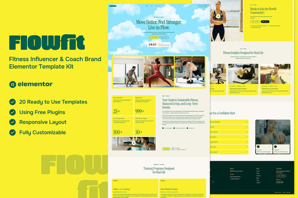 Flowfit - Fitness Influencer & Coach Brand Elementor Template Kit Flowfit - Fitness Influencer & Coach Brand Elementor Template Kit