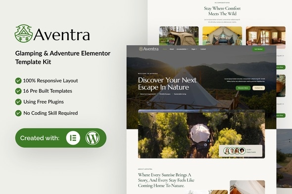 Aventra - Glamping & Adventure Elementor Template Kit Aventra - Glamping & Adventure Elementor Template Kit