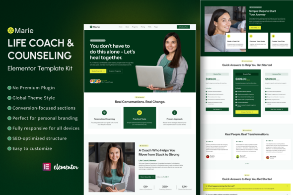 Marie – Life Coach & Counseling Elementor Template Kit Marie – Life Coach & Counseling Elementor Template Kit