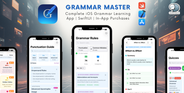 Grammar Master - Complete iOS Grammar Learning App | SwiftUI | White Label Ready | In-App Purchases Grammar Master - Complete iOS Grammar Learning App | SwiftUI | White Label Ready | In-App Purchases