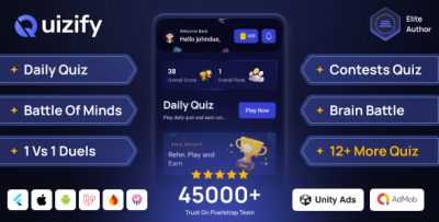 Quizify – Trivia Flutter Quiz App | Daily Quiz Game, 1v1 Battles, Contests & Bots