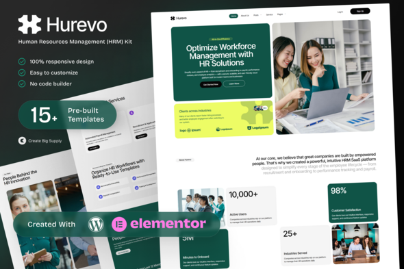 Hurevo - Human Resources Management SaaS Elementor Template Kit for HR Platforms Hurevo - Human Resources Management SaaS Elementor Template Kit for HR Platforms