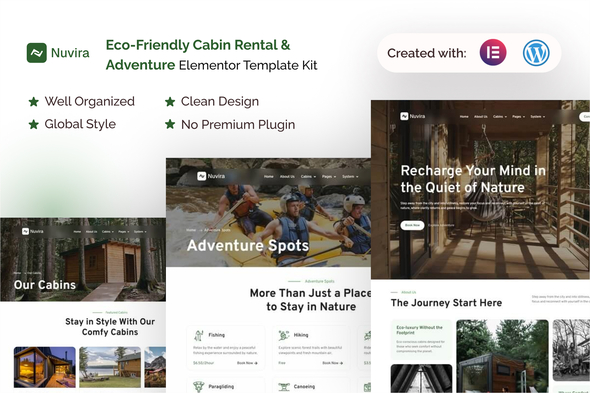 Nuvira - Eco-Friendly Cabin Rental & Adventure Elementor Template Kit Nuvira - Eco-Friendly Cabin Rental & Adventure Elementor Template Kit