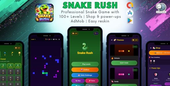 Snake Rush - Professional Snake Game with 100+ Levels | Shop & power-ups | AdMob | Easy reskin Snake Rush - Professional Snake Game with 100+ Levels | Shop & power-ups | AdMob | Easy reskin