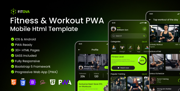 Fitova - Fitness & Workout Tracker - PWA Mobile HTML Template Fitova - Fitness & Workout Tracker - PWA Mobile HTML Template