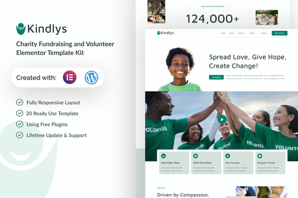 Kindlys - Charity Fundraising & Volunteer Elementor Template Kit Kindlys - Charity Fundraising & Volunteer Elementor Template Kit