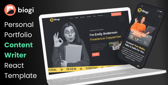 Personal Portfolio Content Writer React Template - Biogi Personal Portfolio Content Writer React Template - Biogi