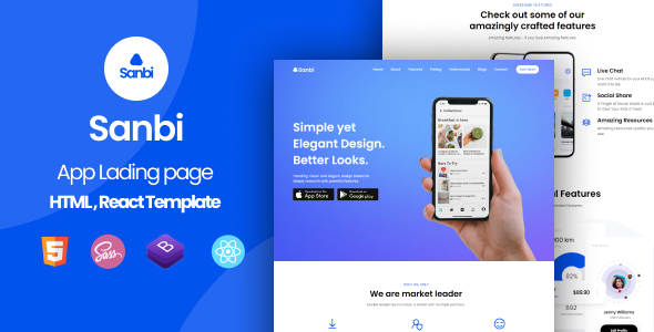 Sanbi - App Landing Page HTML, React js Template Sanbi - App Landing Page HTML, React js Template