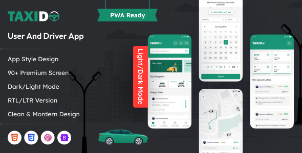 Taxido - Taxi Booking Mobile App PWA Template Taxido - Taxi Booking Mobile App PWA Template