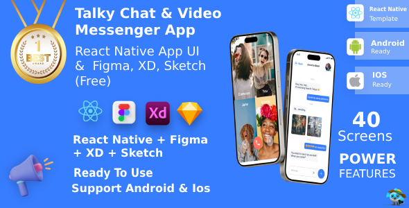 Chat & Video Messenger App ANDROID + IOS + FIGMA + XD + Sketch | UI Kit | ReactNative | Talky Chat & Video Messenger App ANDROID + IOS + FIGMA + XD + Sketch | UI Kit | ReactNative | Talky