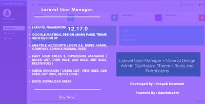 Laravel User Manager + Material Design Admin Dashboard Theme + Roles and Permissions